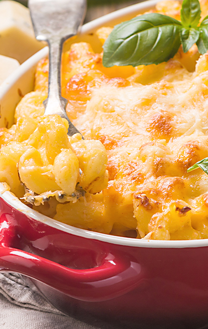 a dish of cheesy macaroni and cheese