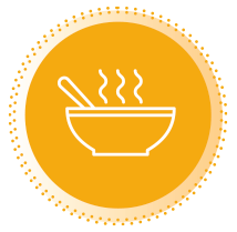 Orange icon of a steaming bowl with a utensil.